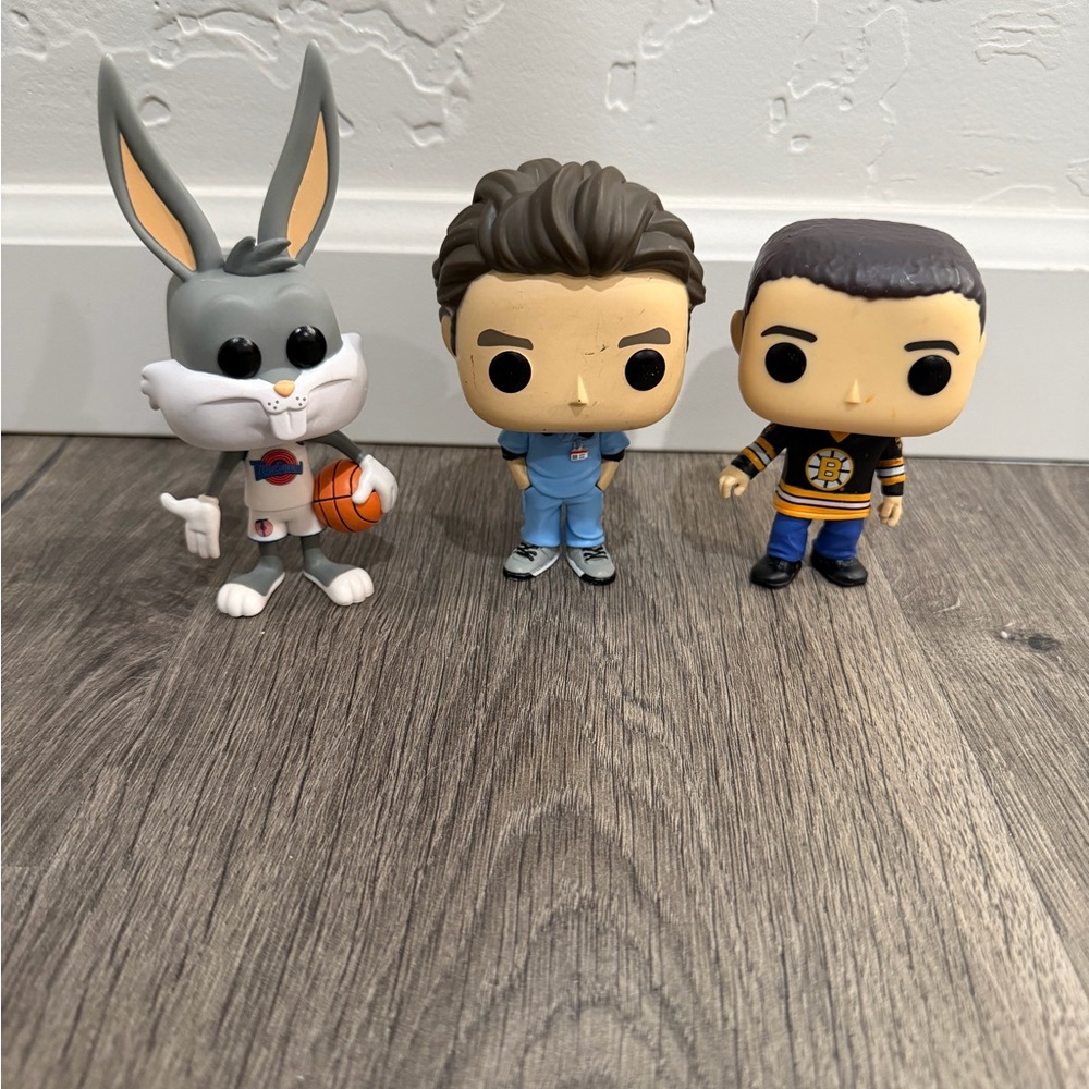 Set of Three Funko Pop Figures - Bugs Bunny basketball, JD Scrubs, Happy Gilmore
